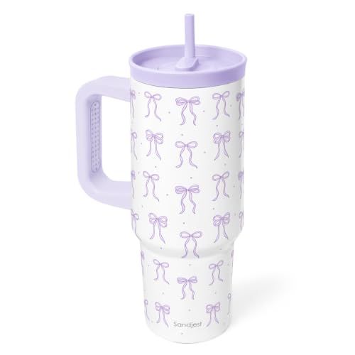 Classic Bow Stainless Steel Tumbler with Handle, 40 Ounce Locking Lid and Silicone Straw for Sports and Travel Women Girl Teen