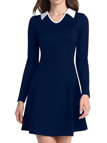 YIOYOLA Fall Dresses for Women 2025 Long Sleeve Wednesday Addams Costume Adult Cotton Navy White Baby Doll Aline Dress with Sleeves(YYL631-Navy M)