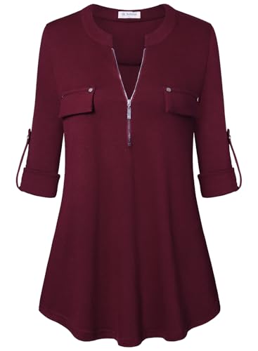 Image of Bulotus 3 /4 Length Sleeve Womens Striped Tops Zipper V Neck Collared Blouses Business Casual Tunics 2026 Spring Trendy