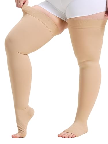 Image of Plus Size 5XL Thigh High Open Toe Compression Stockings 15-20mmHg for Men and Women, Thigh High Length, Dot-Top, Open Toe, Beige