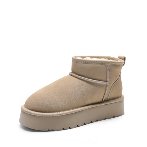 DREAM PAIRS Botas de Nieve de Plataforma para Mujer en Suede Genuino, Botines Mini Resistentes al Agua, Botas Ligeras y Estables Antideslizantes,Size 38,Arena,DWUMSB2501