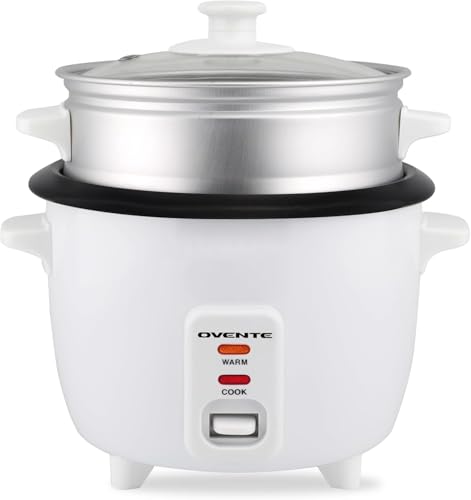 OVENTE Electric Rice Cooker and Food Steamer – 10-Cup Cooked Capacity (5 Cups Uncooked), Nonstick Removable Pot, Keep Warm Function, Steaming Basket, Measuring Cup & Spatula Included, White RCS01W