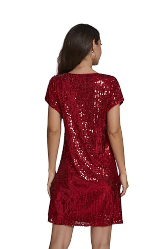 Image of Women's Crewneck Sequin Shift Dress Short Sleeve Casual Holiday Sparkly Party Dress
