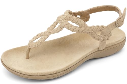 Image of UBFEN Womens Flat Sandals Dress Braided T-Strap Thong Sandals with Arch Support Comfortable for Walking