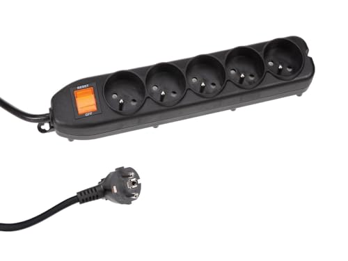 Perel Bloc multiprise avec Interrupteur, Protection Contre Les surcharges, 5 Prises avec Terre française (Type E), 1.5 m, 3G1.5, Usage intérieur, Noir