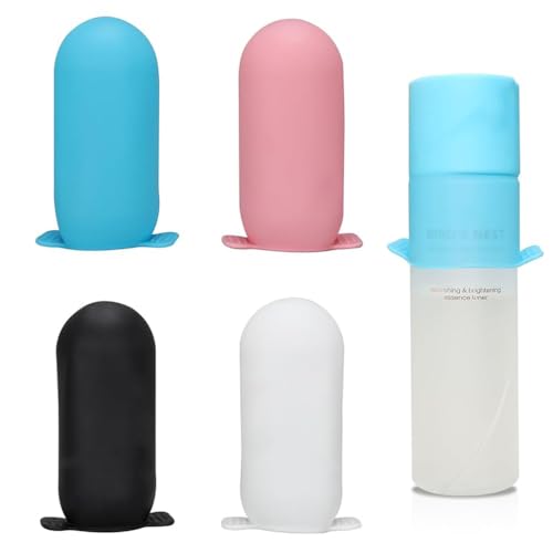 Image of MAYCREATE 4Pcs Travel Bottles Cover Cap Sleeves High Elastic Silicone Bottle Cover Leak-Proof Sleeves for Toiletries Travel Bottle Close-Fit Cap Compatible with Most Travel Containers