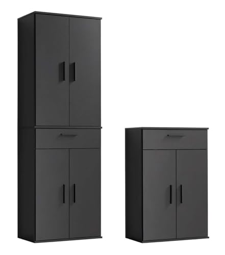 mokebo® Mehrzweckschrank Set 2-teilig 'Die Allzweckwaffe', Schrank-Set mit Midischrank & Hochschrank in Anthrazit-Schwarz, nutzbar als Aktenschränke, Büroschränke oder Allzweckschränke