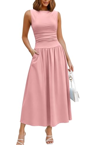 Image of Womens Summer Casual Midi Maxi Dress 2026 Sleeveless Ruched A Line Flowy Cocktail Wedding Guest Beach Long Sundress
