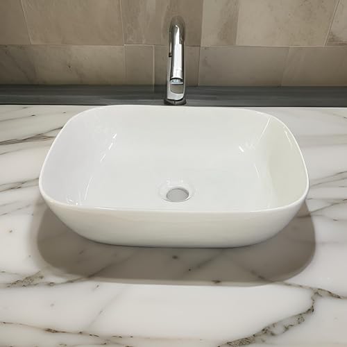 Image of SEA SHORE White Imported Ceramic Table Top Wash Basin - Slim Rim Vessel Sink for Bathroom & Living Room | 18 x 13 x 6 Inch (Bettel White)