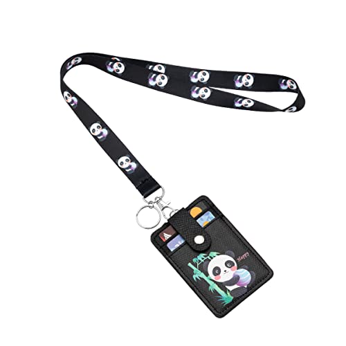 Image of Badge Holder Lanyard, Cute Panda Neck Pouch Lanyard ID Card Holder Wallet with Keychain for Students Boys Girls Men Women