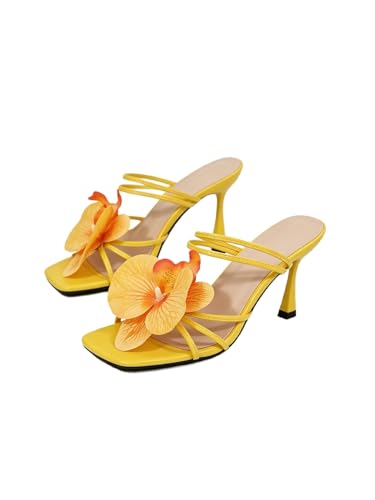 MakeMeChic Women's Open Toe Floral Kitten Heels Flower Summer Beach Sandals Yellow Solid 8