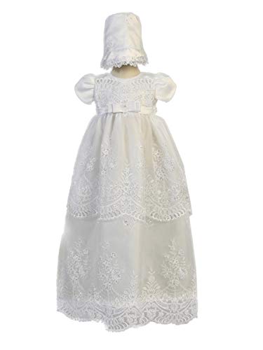 Embroidered Organza w/Sequins Long Christening Gown (White, 0-3 Months)