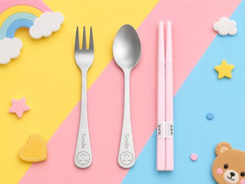 Image of Kids Cutlery Set with Box | Stainless Steel Spoon /Fork /Chopsticks | BPA-Free Food Grade Portable Lunch Utensils for School, Travel, Picnic & Camping