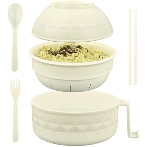 HUAKENER Microwave Ramen Bowl, 38 oz Microwave Ramen Bowl with Lid, Ramen Noodles Bowl with Spoon Chopsticks Fork (White) Cover