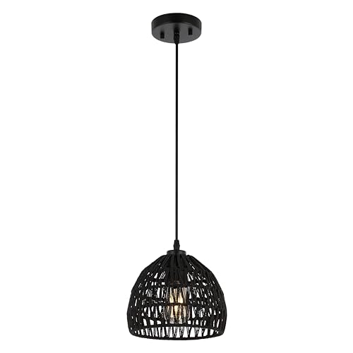 Image of JONATHAN Y 8.25 inch Black Modern Bohemian Woven Rope LED Pendant Light Fixture, Adjustable Dome Ceiling Lamp for Kitchen Island, Rope Shade, Coastal Farmhouse Decor (JYL6512B)