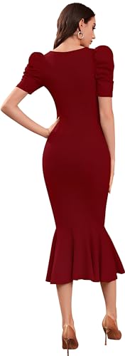 Image of ELLITI Women's Lycra Blend Sweetheart Neckline /V-Neck, Bodycon Dress with Mor Pich Color Short Puff Sleeve and Mermaid Hem, Calf Length /Midi Length /Knee Length Dress