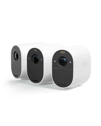 Arlo Essential 1 HD, Caméra de Surveillance WiFi Extérieure Sans Fil, Autonomie de 6 mois, Vision Nocturne en Couleur, Sirène, Audio Bidirectionnel, Essai Arlo Secure inclus, 3 Caméra Blanc