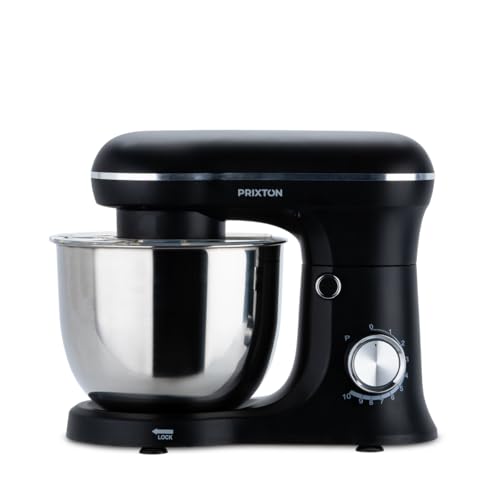 PRIXTON Batidora Amasadora KR250 para Repostería, Potencia 1500W, 10 Velocidades, Bol Acero Inoxidable de 5 litros, 3 accesorios, Tapa Transparente, Color Negro Mate