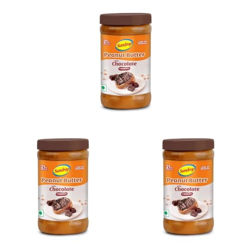 Image of Sundrop Peanut Butter with Chocolate | Crunchy | 500 grams | With 21% Protein | 6.4% Dietary Fibre | Premium Roasted Peanuts | Great Value Per Gram of Protein I Low in Sodium (Pack of 3)