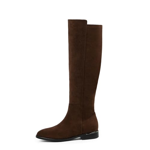 Image of Modatope Rounded Toe Flat Stretchy Dress Knee High Boots Side Zipper | Suede Elastic Fall Winter Boots, Low Chunky Block Heel Riding Boots,2026 Fashion Womens Tall Long Boots