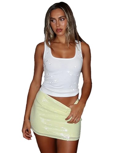 Women Ribbed Sleeveless Water Droplets Diamond Decorated Tank Sexy Casual Bodycon Top