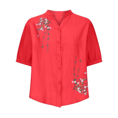 Blusas de Mujer Elegantes,Algodón y Lino Camisetas Manga Corta Mujer Cuello en V con Botones Camiseta Mujer Informal Camisas Mujer Verano con Flores Bordado Multicolor Blusas Mujer Verano