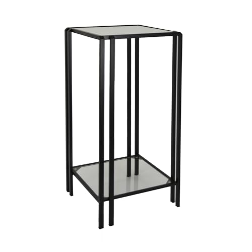 Benjara Buckley Plant Stand Table, Black Metal, Square Mirrored Top, 28 Inch