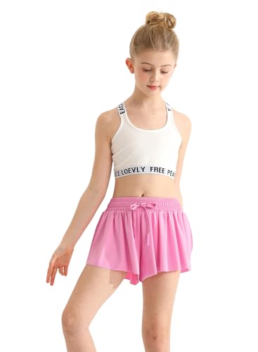 Girls Athletic Flowy Shorts with Spandex Liner 2-in-1 Kids Butterfly Short for Running,Sports,Fitness,Tennis, Pink, 7-8 Years