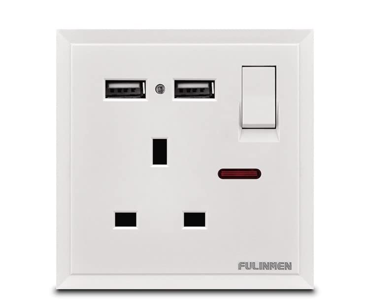 Fulinmen Fast Charging Switched Single Double Socket with Two Charging USB Ports Neon Light, 13 A (UK Single 2 USB)