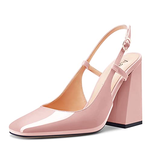 Aachcol Women Pumps Square Toe Slingback Ankle Strap Chunky Block High Heel Dress Shoes Party Wedding Patent 4 Inch