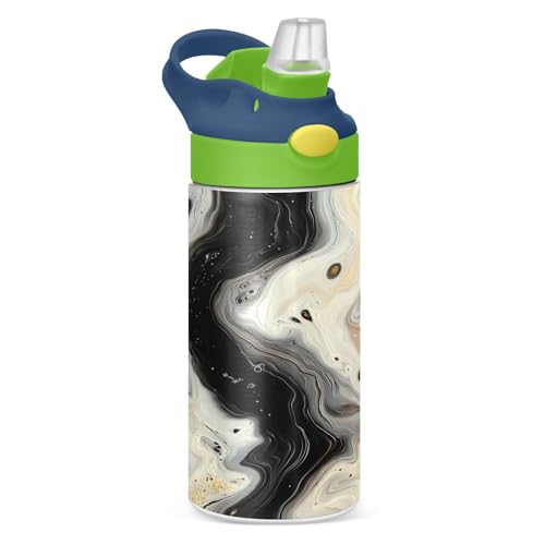 Kids Water Bottle with Straw 350ml, Grey Marble Black Swirls Stainless Steel Insulated Toddler Cup Leakproof Drink Flask Bottle for Boys Hot Cold, BPA-Free