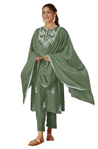 Image of Janasya Women's Silk Blend Embroidered Straight Kurta Set