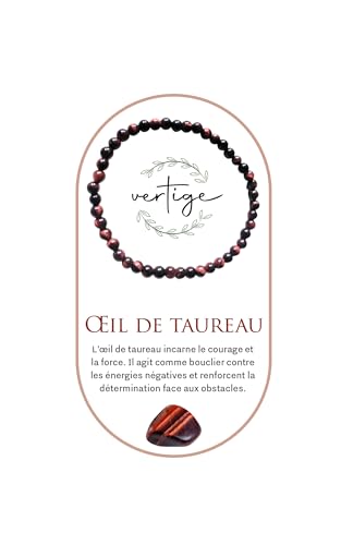 VERTIGE Bracelet de lithothérapie OEIL DE TAUREAU, Pierres Naturelles Minérales 4mm, Source de bien être et Physique, Apporte TRANQUILLITÉ et LUCIDITÉ, Aide à canaliser son STRESS, Femme/Homme