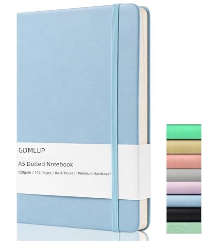 GDMLUP Bullet Dotted Journal - A5 Dotted Notebook - 120gsm Papier 172 Seiten Veganes Leder Hardcover Notizbuch Gepunktet mit Rückentasche 2 Mark Ribbons Azur