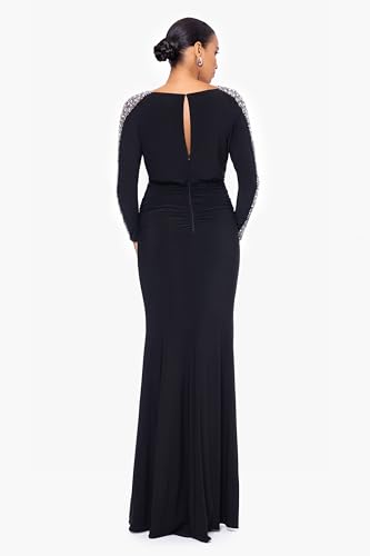 Betsy & Adam Women's Long Embellished Sleeve Ruched Waist Evening Gown with Keyhole Back Detail4