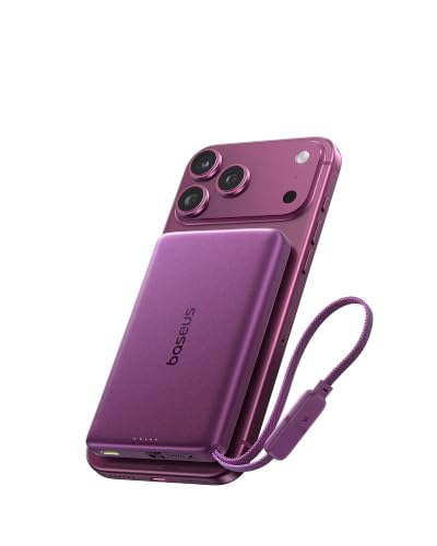 Image of Baseus Picogo AM52 MagSafe Power Bank, Qi2.2 25W 10,000mAh Magnetic Portable Charger, 0.6 inch Slim Built-in 45W USB-C Cable, Alloy Fast Charging Wireless Battery Pack for iPhone 17 /16 /15 /14 /13 /12 Only