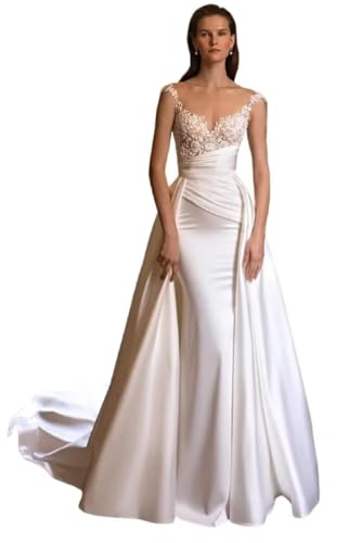 Simple Satin Wedding Dresses for Bride Mermaid Boho Long Sleeve Lace Backless Beach Bridal Dress for Bride with Train