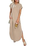 ANRABESS Womens Summer Maxi Dress 2026 Casual Short Sleeve Loose Split Wrinkle-Free Beach Vacation Long Sundress with Pockets Almond Medium