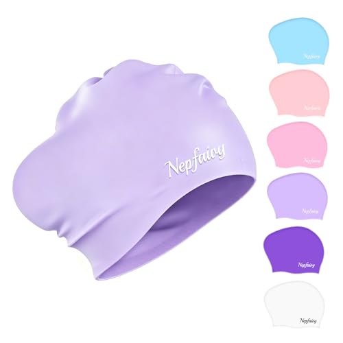 Nepfaivy Badekappe für Kinder mit Langen Haaren, Hellviolett