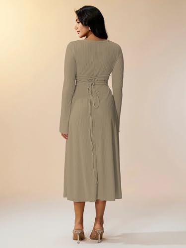 Image of Shasmi Women's Square Neck A-Line Dress - Long Sleeve, Tie Waist, Knitted Stretchable, Casual & Office Outfit, Solid Winter Midi Dress for Women (Dress 221)