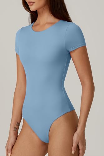Image of QINSEN Women's Crew Neck Short Sleeve Bodysuit Double Lined Body Suits Basic T-shirt Tops