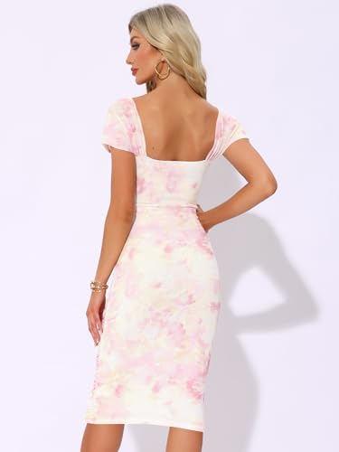 Image of Allegra K Midi Ruched Dress for Women's Cocktail Bodycon Square Neck Printed Dresses