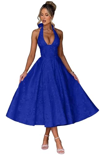 UZN Halter Tea Length Prom Dresses 2025 Jacquard Satin Deep V-Neck A-Line Formal Evening Party Gowns