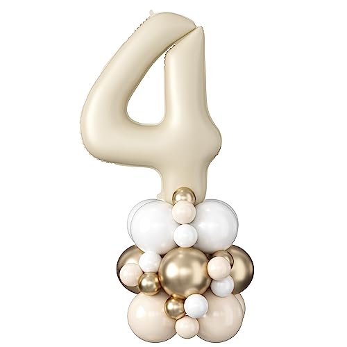 Image of 40 Inch Cream Number 4 Balloon for 4th Birthday Decoration Beige White Sand Number Four Foil Balloon Tower Giant Large Nude Neutral Digit Helium Balloons Stack for Girls Boys Anniversary Party