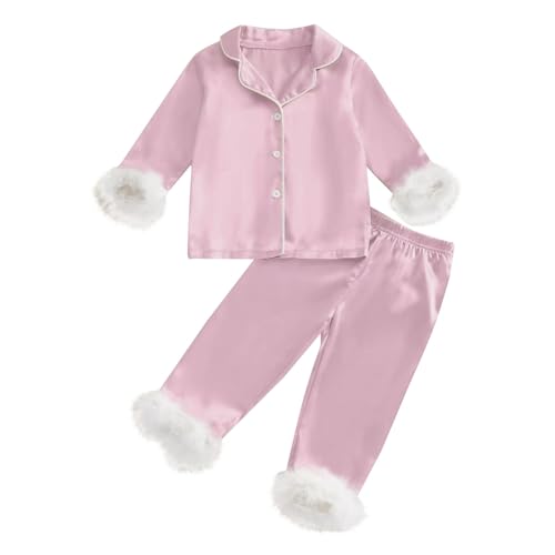 2pc Plush Cuff Satin 𝐏ajamas Sets for Girls Cute Plain Long Sleeve Open Front 𝐏𝐉 Shirt and Thin Silky Pants Sl𝐞epwear