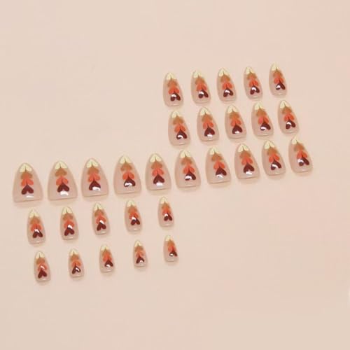 Image of Heart Press on Nails Brown Fake Nails Short Almond False Nails with Design Love Glue on Nails Glossy Artificial Acrylic Nail Full Cover Nude Stick on Nails for Women Manicure 24Pcs