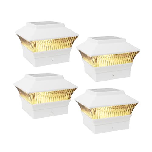 25 Lumen Solar Post Cap Lights fit True 3.5"x3.5" & 4"x4" Post, High Brightness Filament LED, 3000K Warm White Solar Powered Fence Deck Post Cap Lamp, Waterproof, White, 4 PK