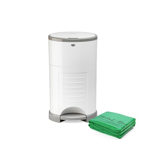 Korbell Mini Nappy Bin & Disposable Liner Bundle Lasting Up to 6 Months | 28 weeks Hygienic, Odour Free & Hands Free |Includes 4 Packs of Biodegradable Liners | Pure White