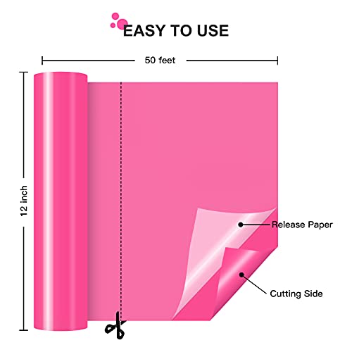 Image of HTVRONT Neon Pink Permanent Vinyl Roll - 12 inch x 50 FT Glossy Pink Adhesive Roll Vinyl for All Cutting Machine, Silhouette, Cameo Cutters, for Signs, Scrapbooking, Craft, Die Cutters
