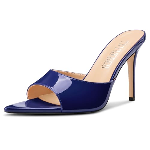 Image of TNYNFBEB Womens Stiletto High Peep Open Pointed Toe Sandals Mules Shoes Slip-on Slingback Office Party Dress Patent Leather Summer 3.9 Inches Heels